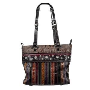 Vintage Leather Patchwork Handbag With Rhinestone Accents‎